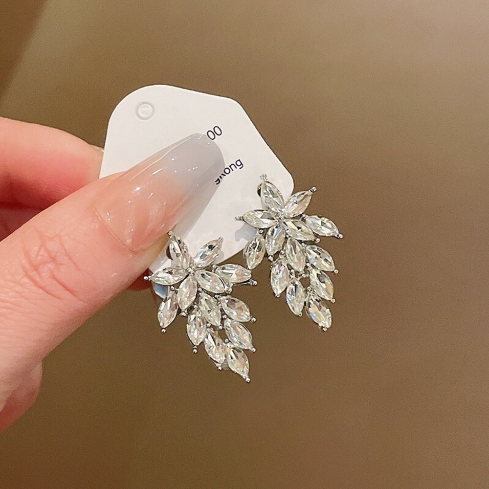 Crystal Leaf Cluster Drop Earrings - Silver